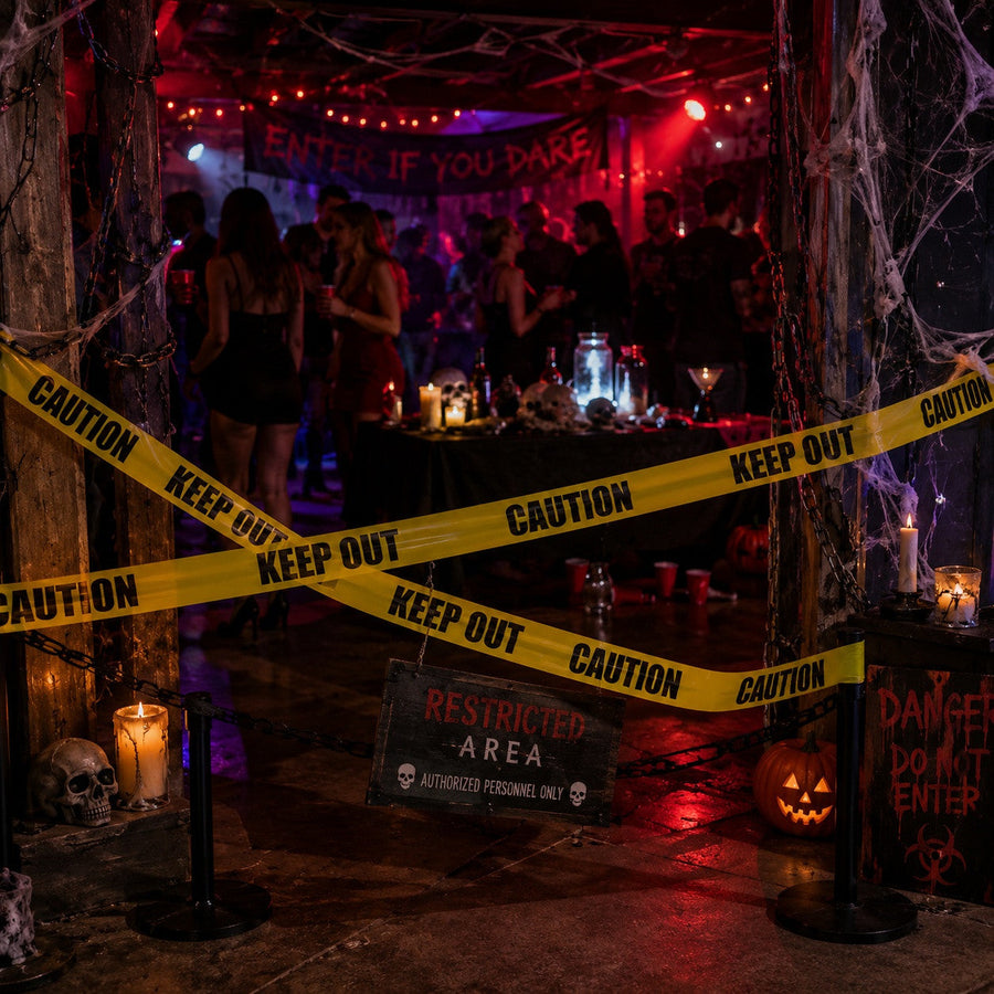 Mein Shop 6 gelbes Warnband mit Aufschrift Caution Keep Out als Halloween Dekoration in einem gruseligen Raum