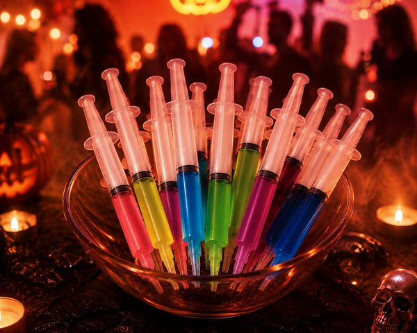 Mein Shop 6 Jello-Shot-Spritzen in einer Glasschale mit bunten Getränken auf einer Halloween-Party
