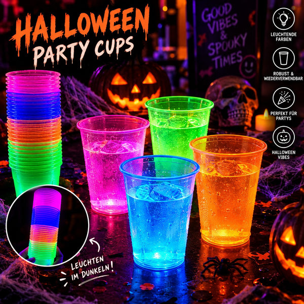 Mein Shop 6 Neon-Partybecher aus Kunststoff, die unter UV-Licht leuchten, ideal für Halloween-Partys