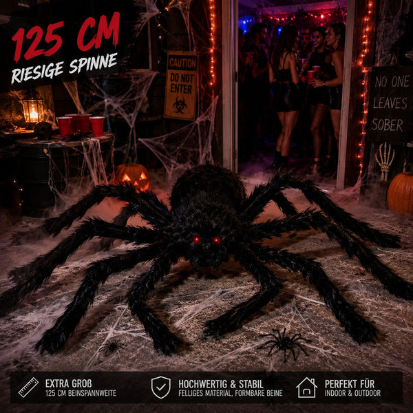 Mein Shop 6 XXL Plüsch-Spinne mit 125 cm Spannweite, realistisch behaart, rote leuchtende Augen, Halloween-Deko