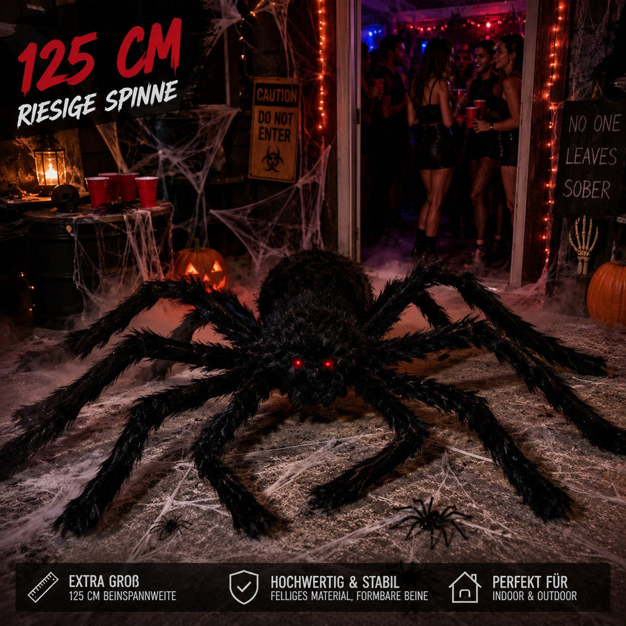 Mein Shop 6 XXL Plüsch-Spinne mit 125 cm Spannweite, realistisch behaart, rote leuchtende Augen, Halloween-Deko