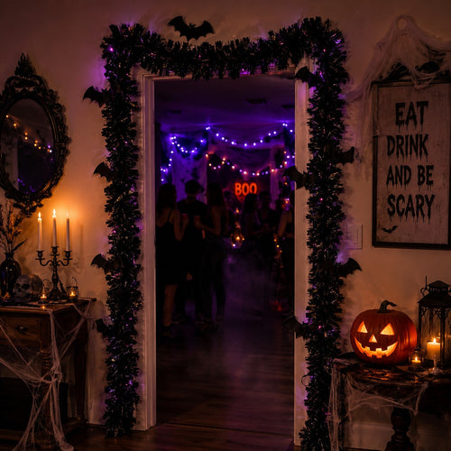 Mein Shop 6 schwarz-weißes Deko-Band als Girlande um einen Türrahmen mit Fledermaus-Motiven für Halloween-Dekoration