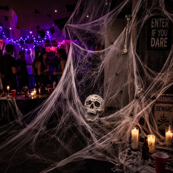 Mein Shop 6 dehnbares Spinnennetz mit Totenkopf und kleinen Spinnen für eine gruselige Halloween Party Dekoration