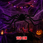 Mein Shop 6 XXL Plüsch-Spinne in Schwarz, 150 cm groß, als realistische Halloween-Deko in einem Spinnennetz