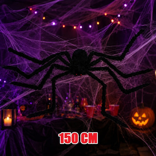 Mein Shop 6 XXL Plüsch-Spinne in Schwarz, 150 cm groß, als realistische Halloween-Deko in einem Spinnennetz